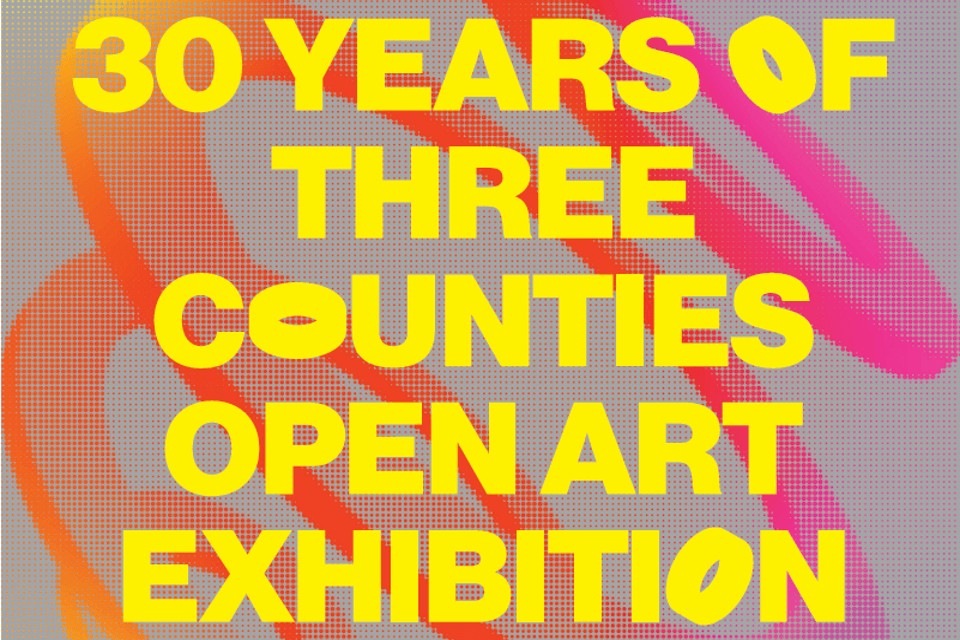 Yellow writing in foreground on grey background with pink concentric circles in mid ground